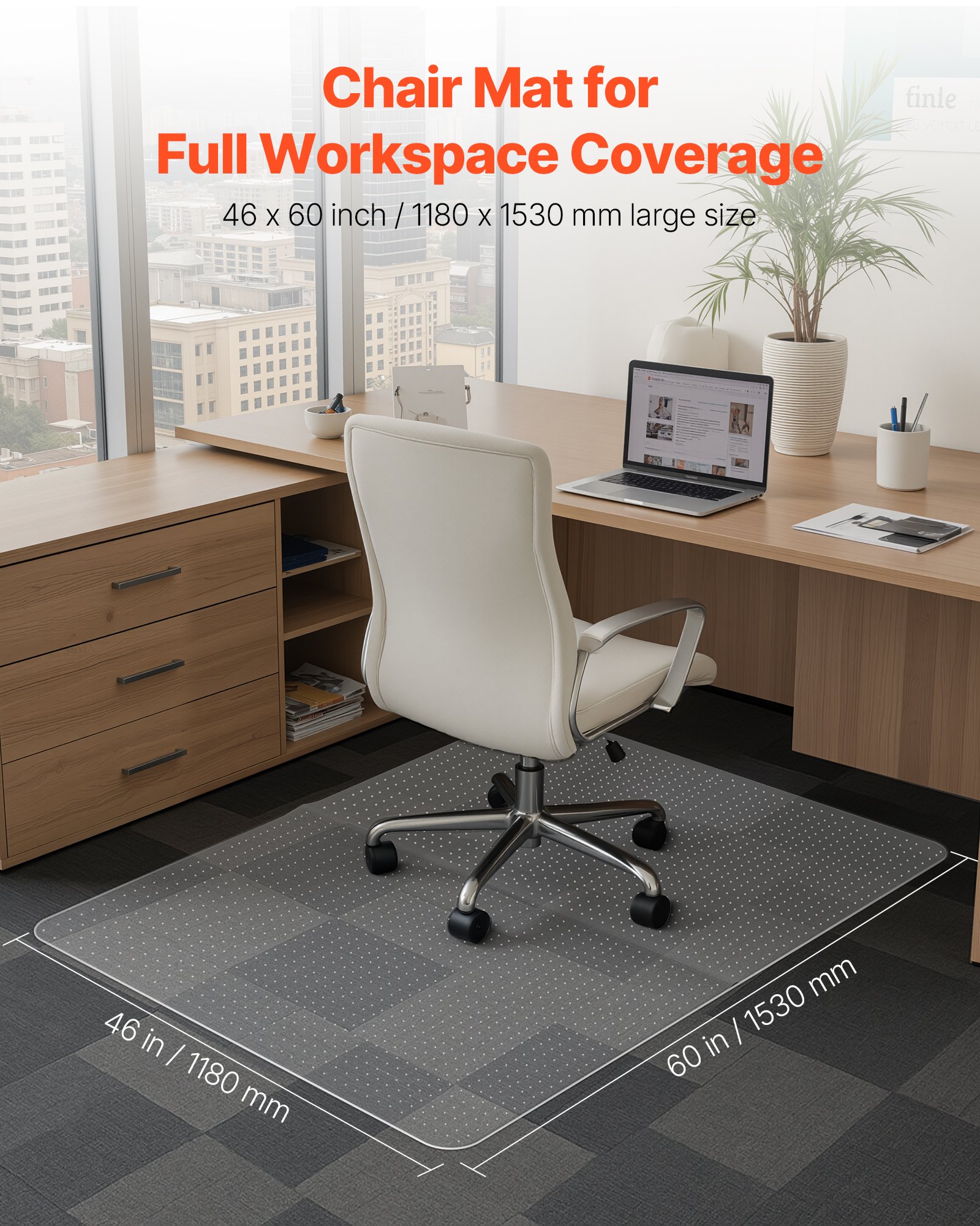 VEVOR Chair Mat, 153 x 118 cm Office Chair Mat for Low Pile Carpeted Floors, Clear Floor Protector Rug with Studded, Non-Slip & Easy to Clean, Smooth Glide Under Desk Rug for Home Office (Rectangular)