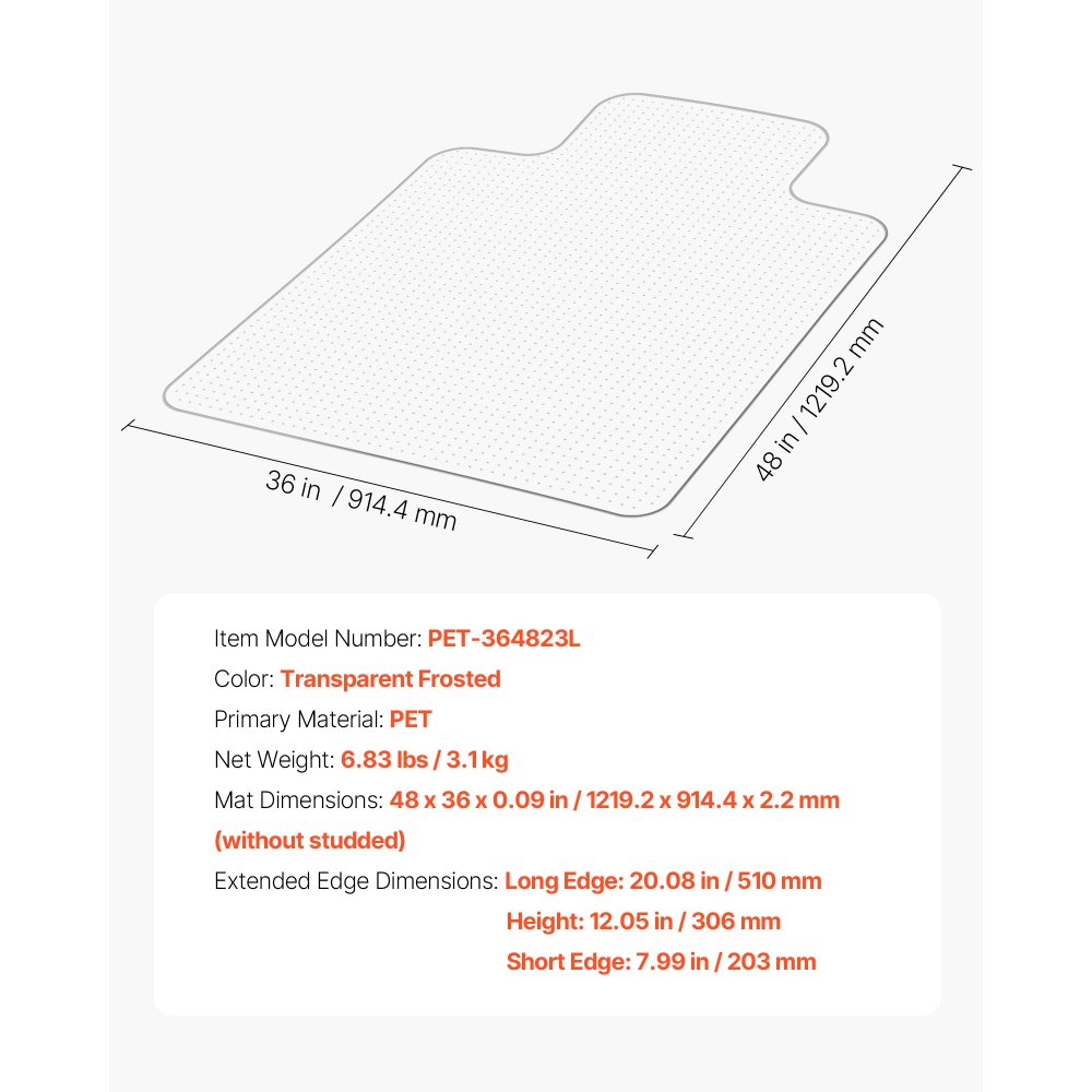 VEVOR Chair Mat with Lip, 915 x 1225 mm Office Chair Mat for Low Pile Carpeted Floors, Clear Floor Protector Rug with Studded, Non-Slip & Easy to Clean, Smooth Glide Under Desk Rug for Home Office