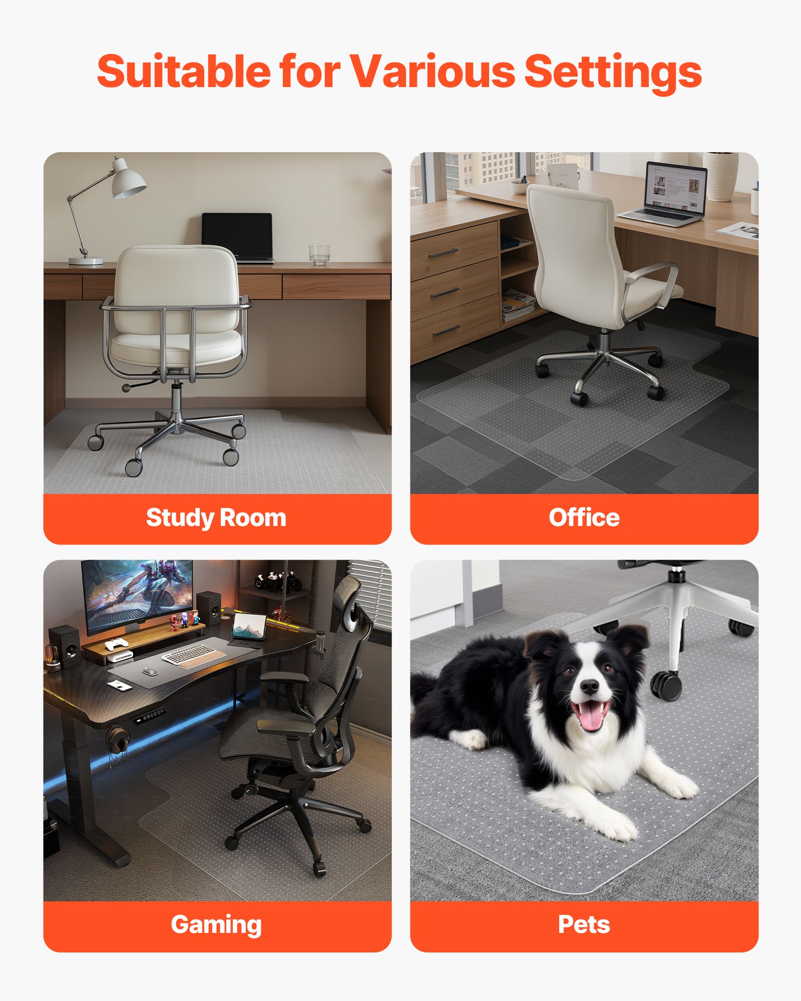 VEVOR Chair Mat with Lip, 915 x 1225 mm Office Chair Mat for Low Pile Carpeted Floors, Clear Floor Protector Rug with Studded, Non-Slip & Easy to Clean, Smooth Glide Under Desk Rug for Home Office