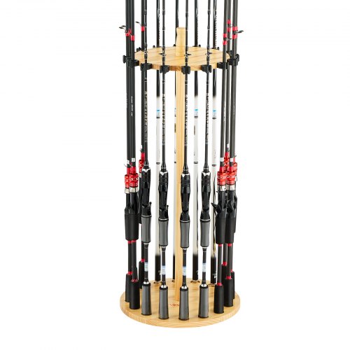 16 Pole Fishing Rod Holder Wood Fishing Rack for Garage Round Floor Stand