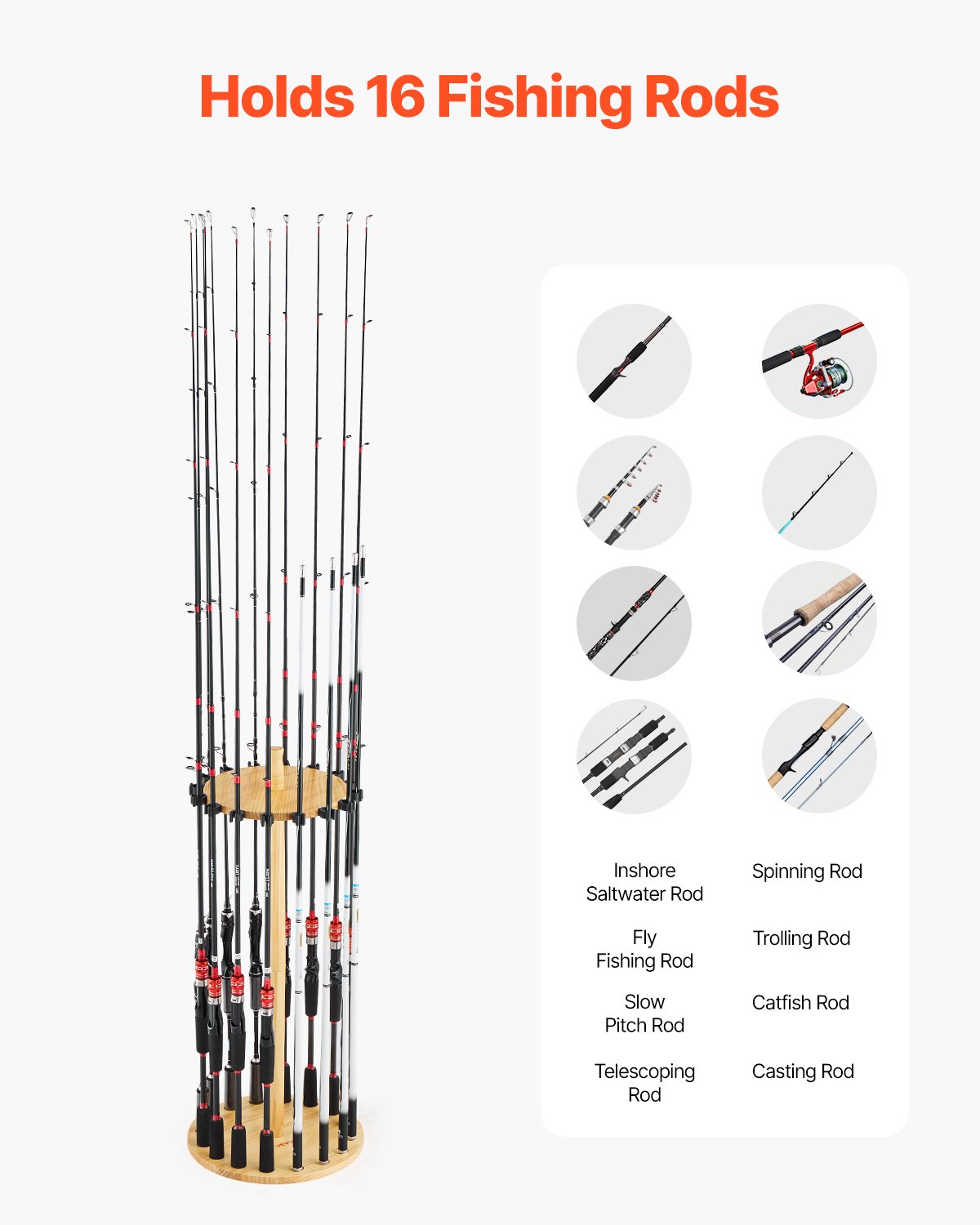 VEVOR Fishing Rod Holders for 16 Fishing Poles, Wood Round Fishing Rods Rack for Garage Organization and Storage, Floor Stand Space-Saving Equipment, for Reels Gear Accessories, Gifts for Men