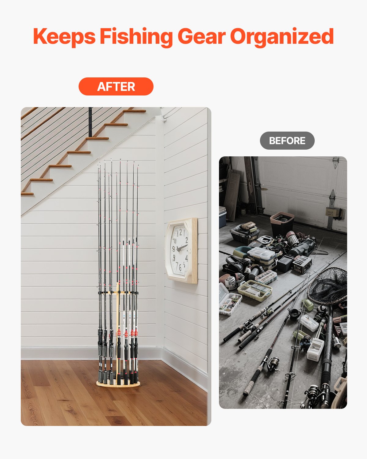 VEVOR Fishing Rod Holders for 16 Fishing Poles, Wood Round Fishing Rods Rack for Garage Organization and Storage, Floor Stand Space-Saving Equipment, for Reels Gear Accessories, Gifts for Men