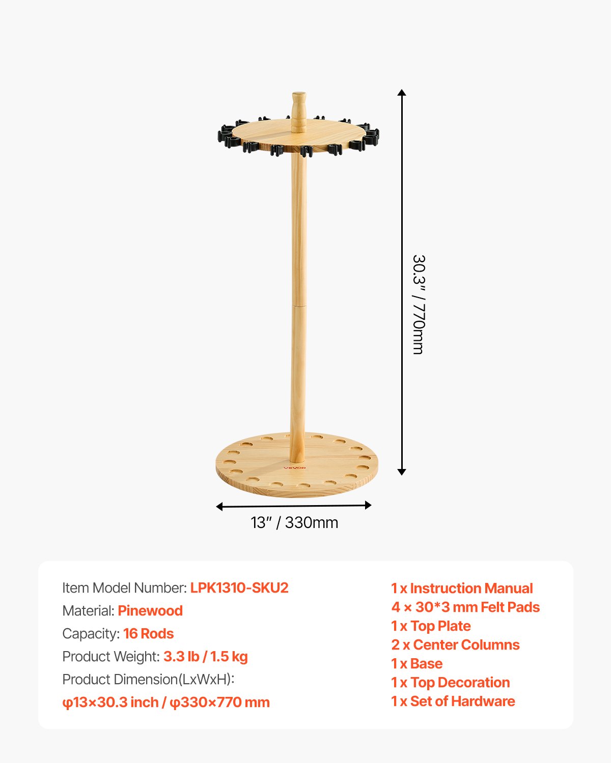 VEVOR Fishing Rod Holders for 16 Fishing Poles, Wood Round Fishing Rods Rack for Garage Organization and Storage, Floor Stand Space-Saving Equipment, for Reels Gear Accessories, Gifts for Men
