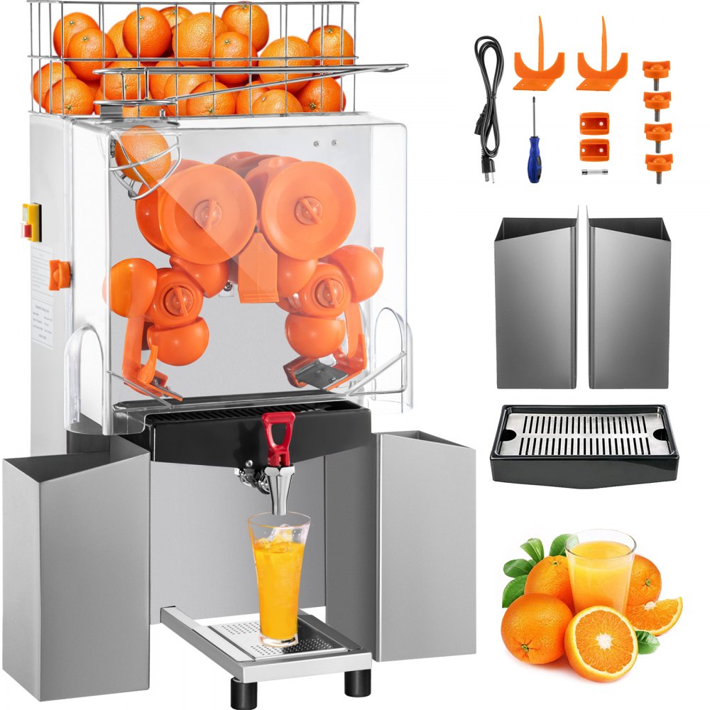 VEVOR Máquina exprimidora comercial con grifo de agua, extractor de jugo de 110 V, exprimidor de naranja de 120 W, máquina de jugo de naranja para 25-35 por minuto con caja de filtro extraíble, cubierta acrílica y dos cubos recolectores