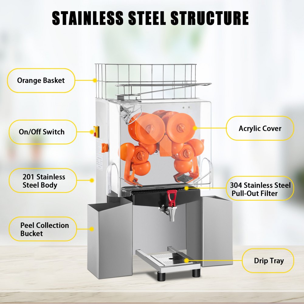 VEVOR Commercial Juicer Machine with Water Tap, 110V Juice Extractor, 120W Orange Squeezer, Orange Juice Machine for 25-35 Per Minute with Pull-Out Filter Box Acrylic Cover and Two Collecting Buckets