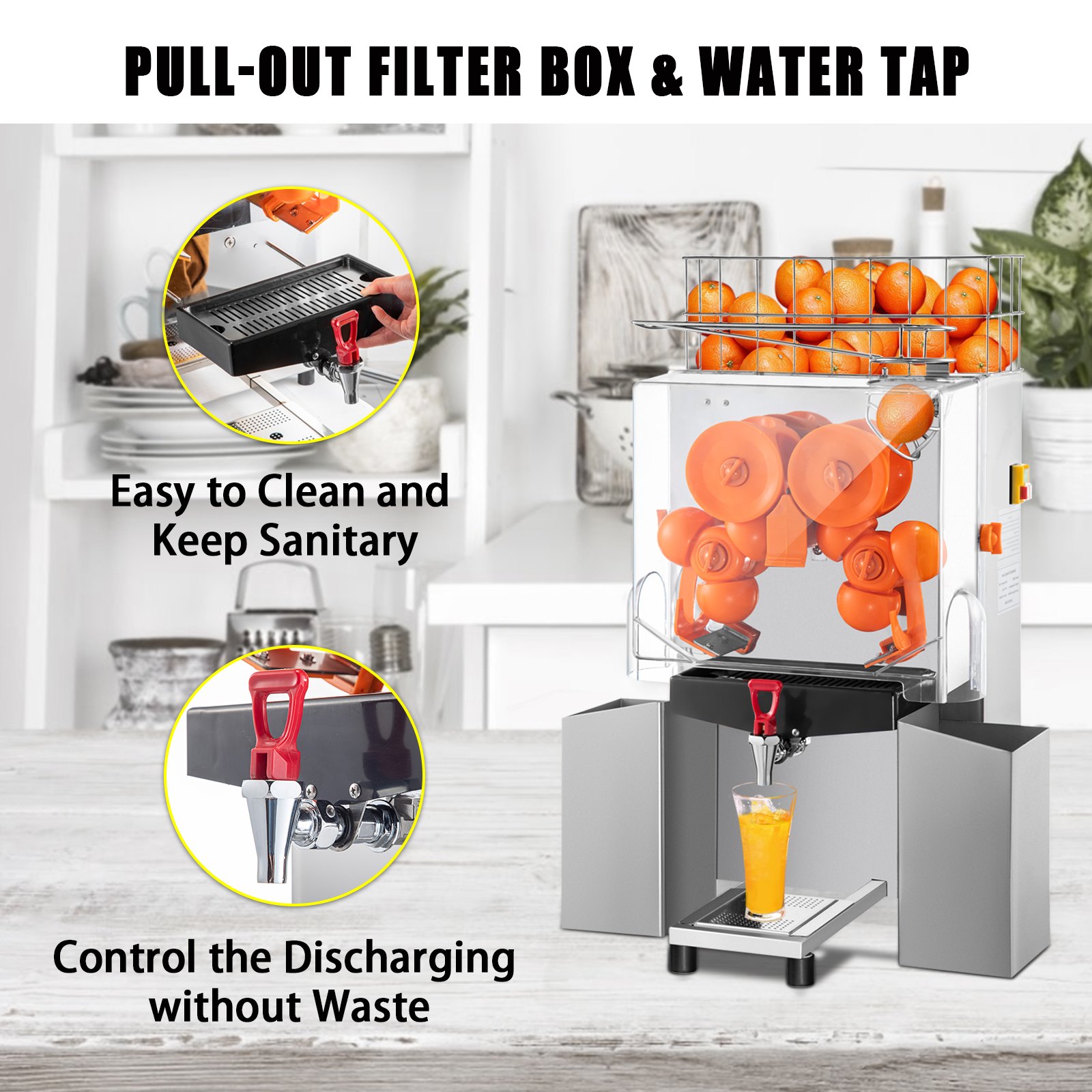 VEVOR Commercial Juicer Machine with Water Tap, 110V Juice Extractor, 120W Orange Squeezer, Orange Juice Machine for 25-35 Per Minute with Pull-Out Filter Box Acrylic Cover and Two Collecting Buckets