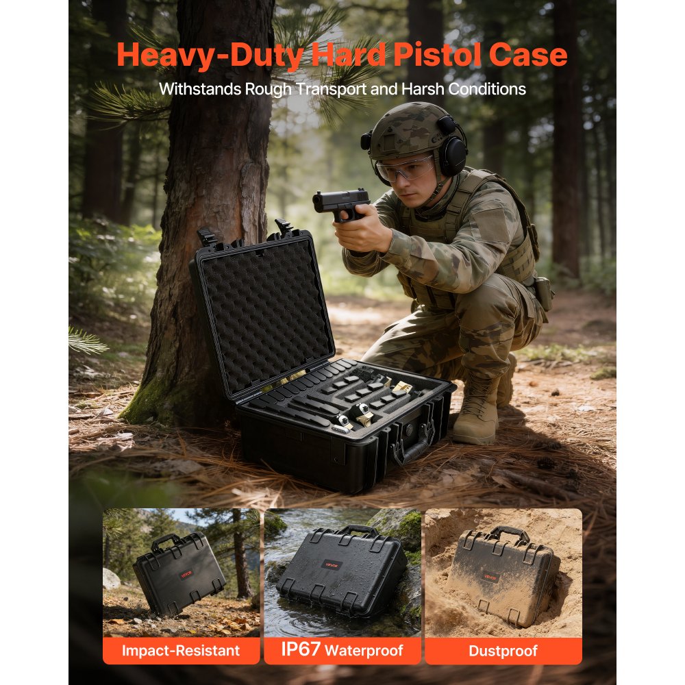 VEVOR Hard Pistol Case, Heavy Duty Hard Gun Case with XPE Foam Interior, Waterproof Pistol Storage Box with Customizable Lining & Handle for Gun, Lenses, Camera, Gear, TSA Compliant, 475x415x215 mm