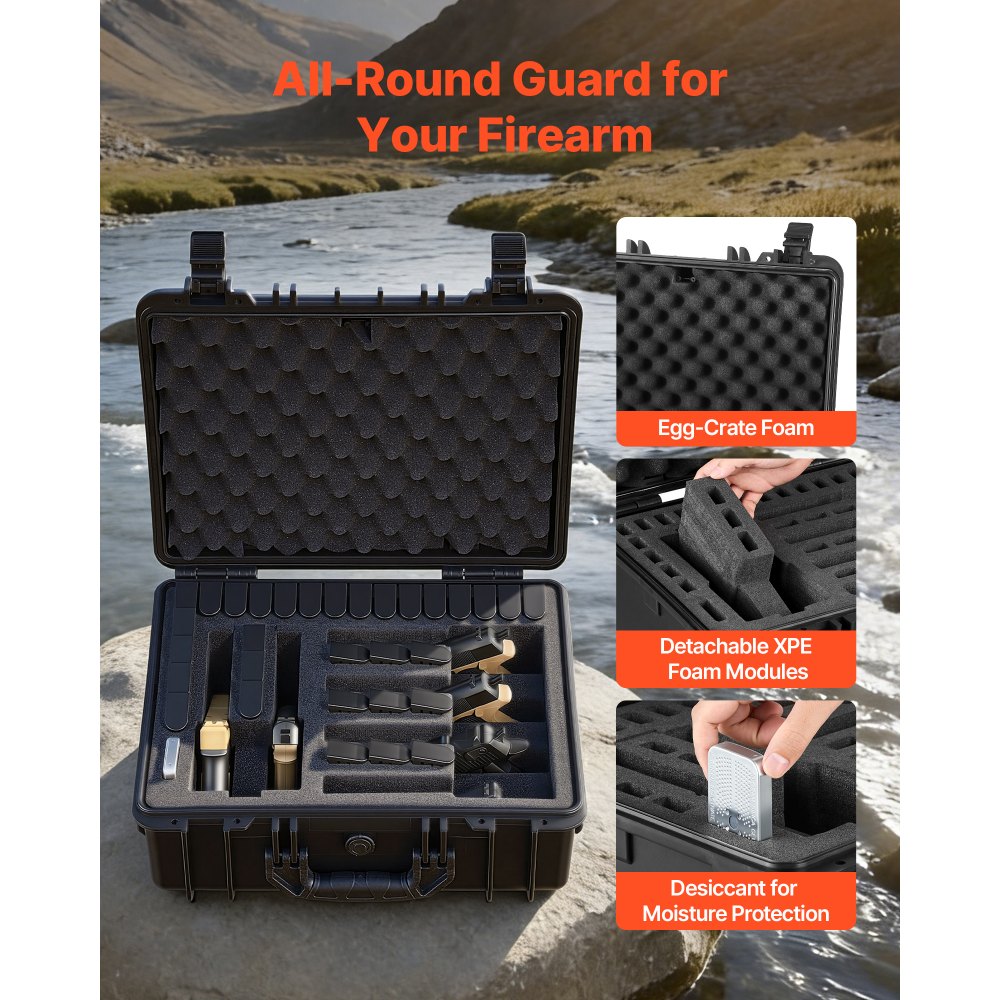 VEVOR Hard Pistol Case, Heavy Duty Hard Gun Case with XPE Foam Interior, Waterproof Pistol Storage Box with Customizable Lining & Handle for Gun, Lenses, Camera, Gear, TSA Compliant, 475x415x215 mm