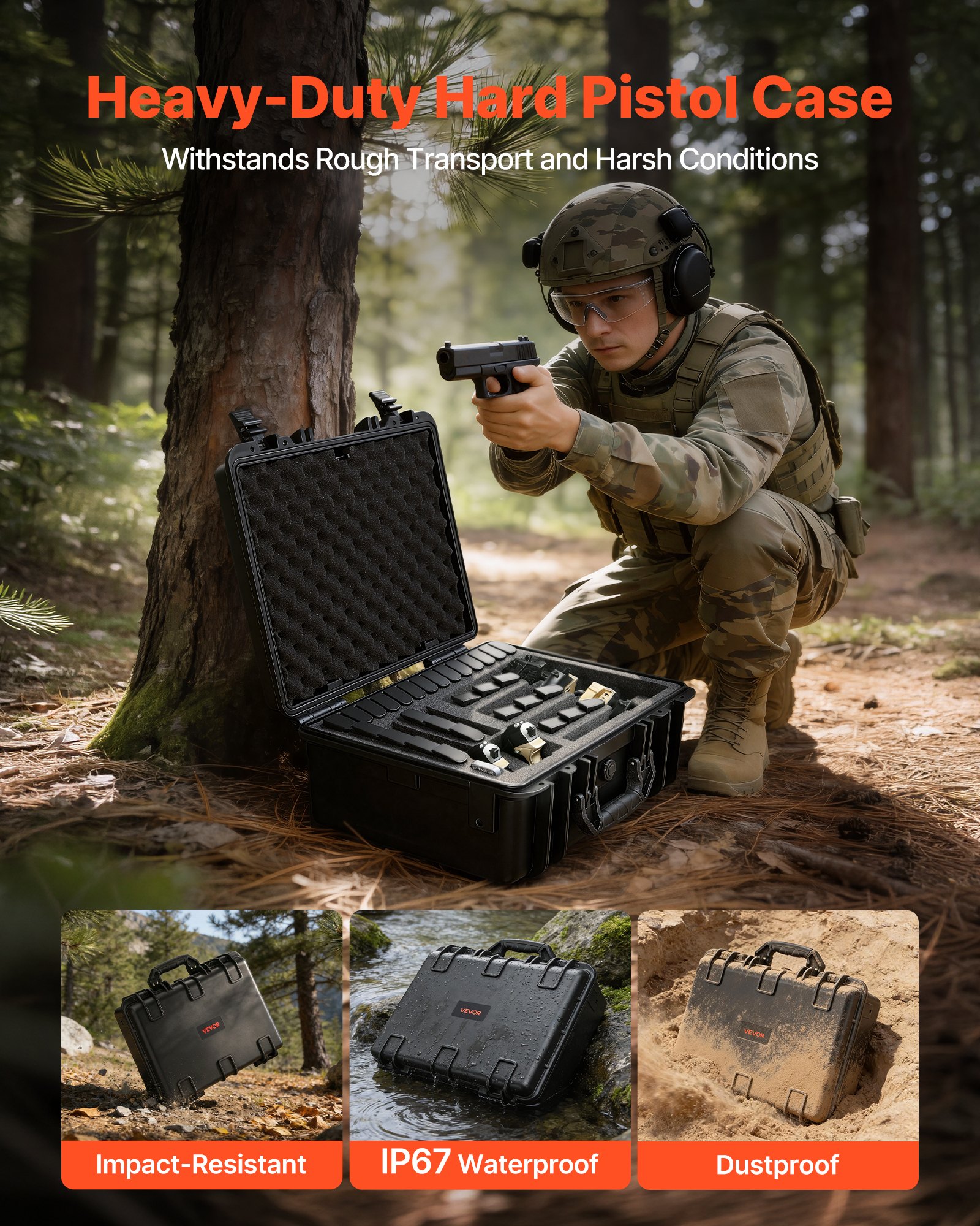 VEVOR Hard Pistol Case, Heavy Duty Hard Gun Case with XPE Foam Interior, Waterproof Pistol Storage Box with Customizable Lining & Handle for Gun, Lenses, Camera, Gear, TSA Compliant, 475x415x215 mm