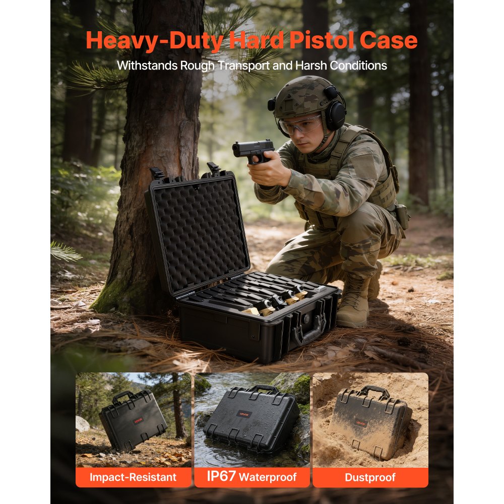 VEVOR Hard Pistol Case, Heavy Duty Hard Gun Case with XPE Foam Lining, Waterproof Pistol Storage Box with Customizable Interior & Handle for Gun, Lenses, Camera, Gear, TSA Compliant, 475x415x215 mm