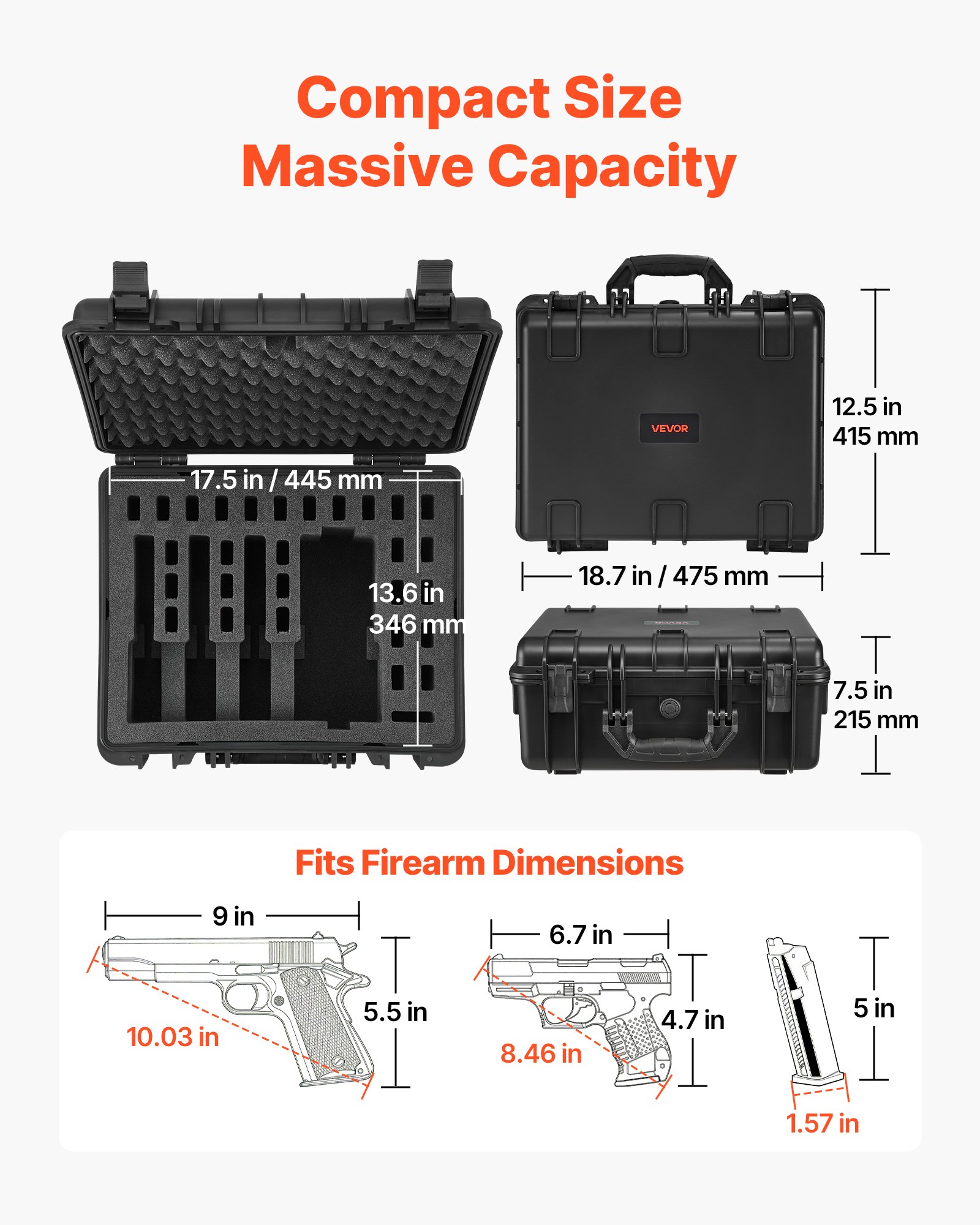 VEVOR Hard Pistol Case, Heavy Duty Hard Gun Case with XPE Foam Lining, Waterproof Pistol Storage Box with Customizable Interior & Handle for Gun, Lenses, Camera, Gear, TSA Compliant, 475x415x215 mm