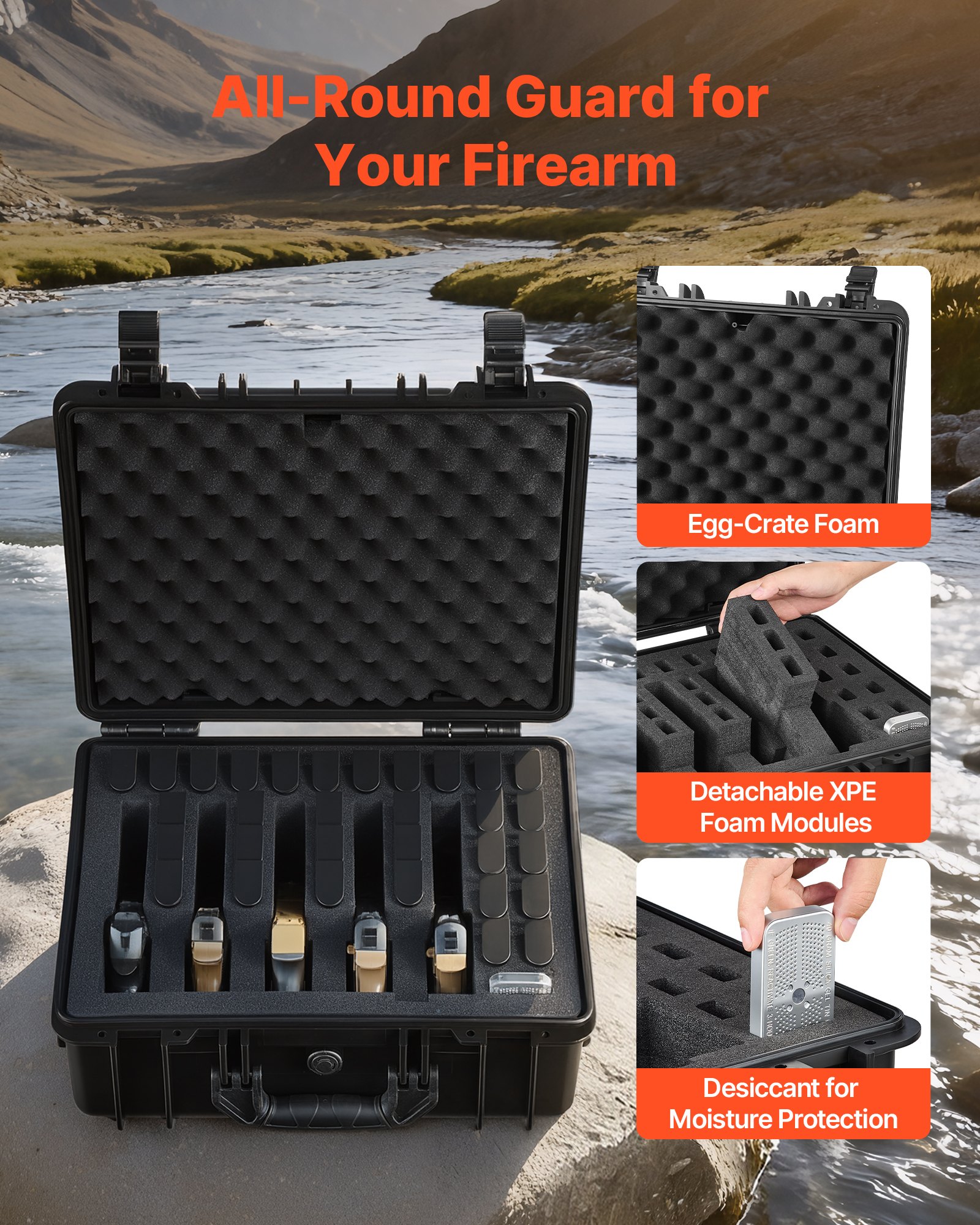 VEVOR Hard Pistol Case, Heavy Duty Hard Gun Case with XPE Foam Lining, Waterproof Pistol Storage Box with Customizable Interior & Handle for Gun, Lenses, Camera, Gear, TSA Compliant, 475x415x215 mm