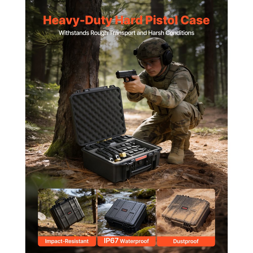 VEVOR Hard Pistol Case, Heavy Duty Hard Gun Case with XPE Foam Lining, Waterproof Pistol Storage Box with Customizable Interior & Handle for Gun, Lenses, Camera, Gear, TSA Compliant, 491x434x211 mm