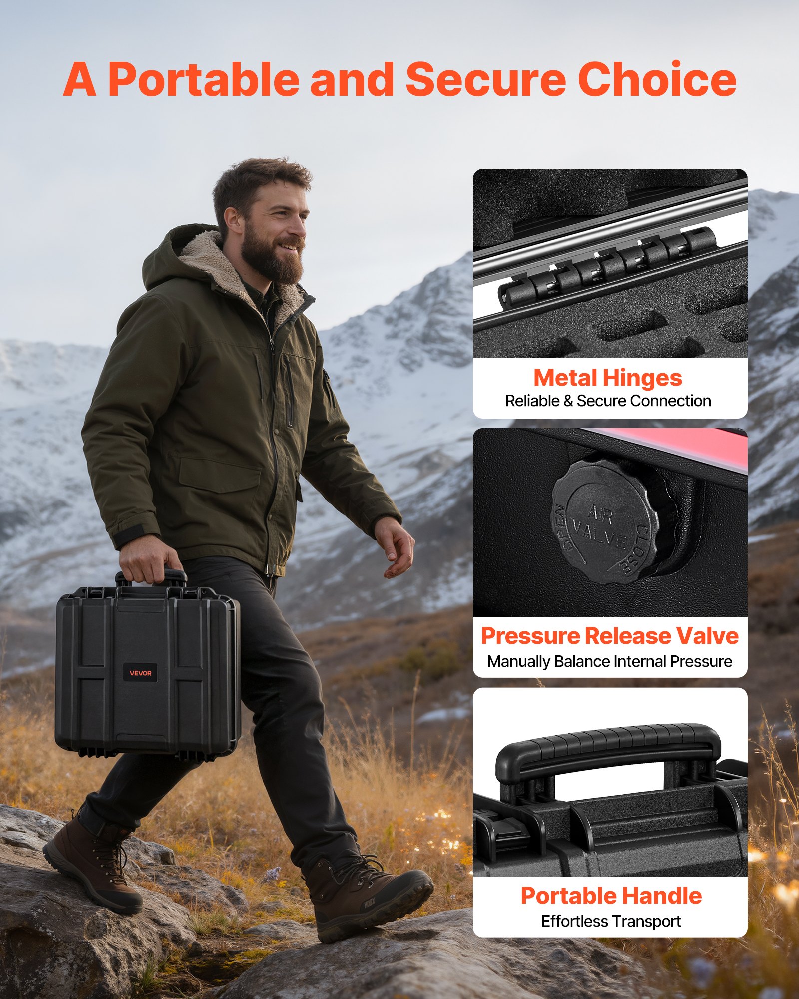 VEVOR Hard Pistol Case, Heavy Duty Hard Gun Case with XPE Foam Lining, Waterproof Pistol Storage Box with Customizable Interior & Handle for Gun, Lenses, Camera, Gear, TSA Compliant, 491x434x211 mm