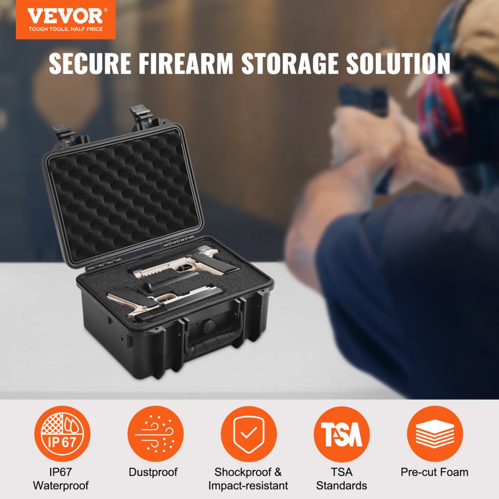 Estuches rígidos VEVOR para pistolas con espuma de poliuretano precortada, resistentes al agua y al polvo, para 2 pistolas, 36,5 x 29,5 x 19,4 cm, con cerradura, color negro