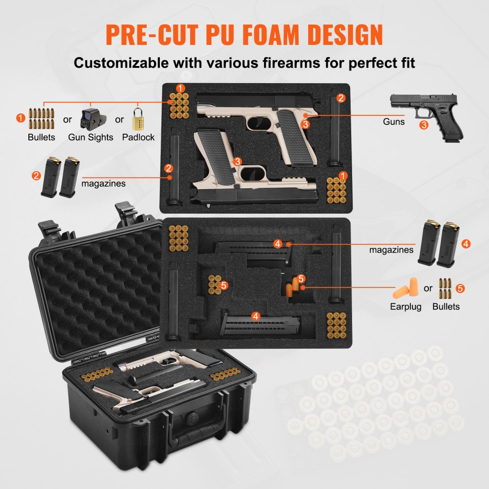 Estuches rígidos VEVOR para pistolas con espuma de poliuretano precortada, resistentes al agua y al polvo, para 2 pistolas, 36,5 x 29,5 x 19,4 cm, con cerradura, color negro