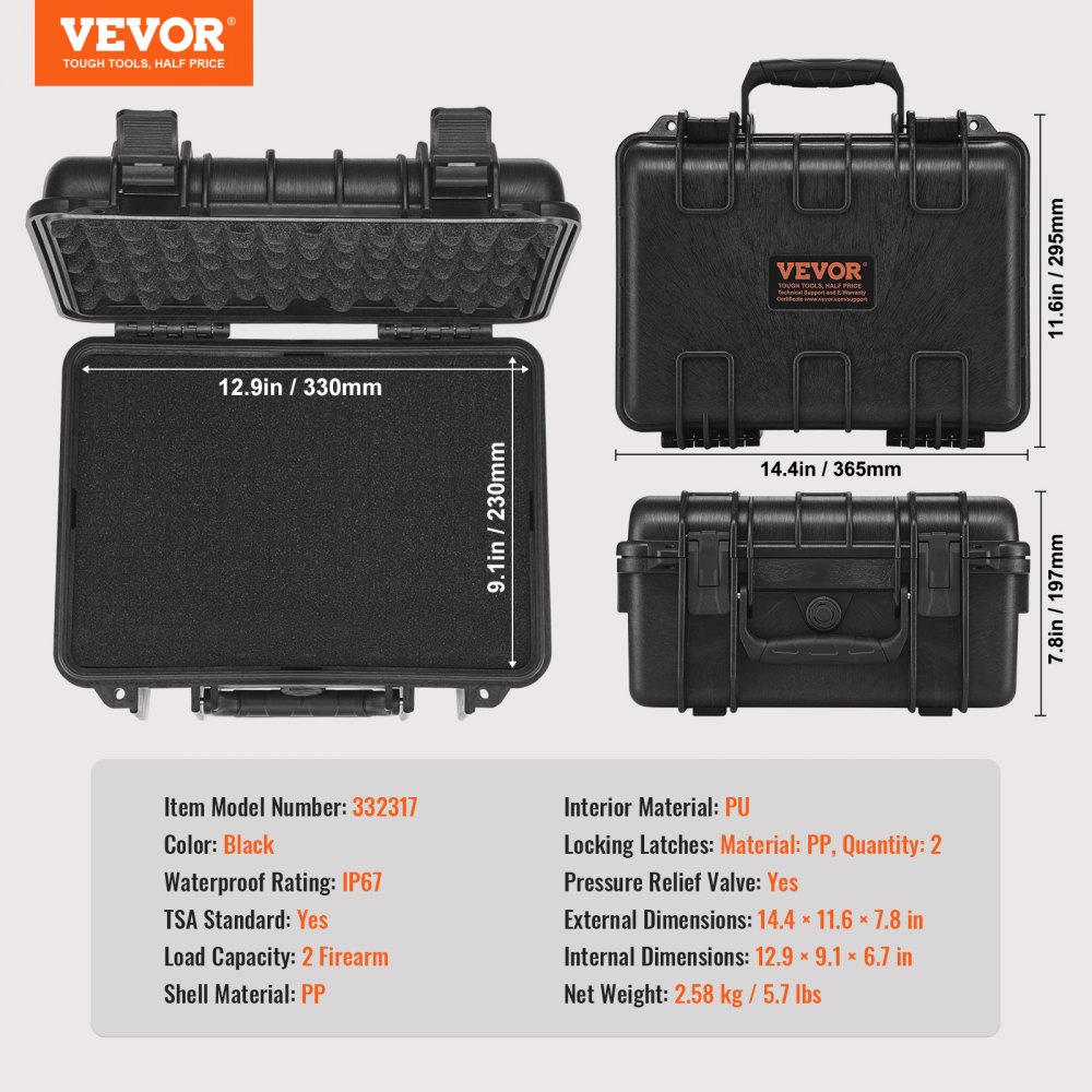 Estuches rígidos VEVOR para pistolas con espuma de poliuretano precortada, resistentes al agua y al polvo, para 2 pistolas, 36,5 x 29,5 x 19,4 cm, con cerradura, color negro