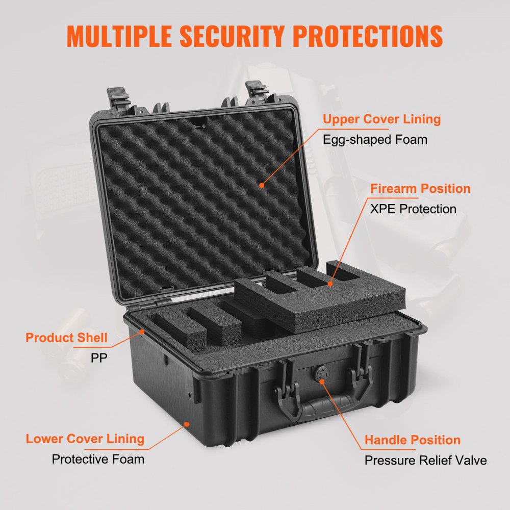 VEVOR Hard Pistol Cases with Pre-cut Lining, Waterproof & Dustproof Hard Gun Case for 5 Pistol, 18.9×16.3×8.5 in Lockable Pistol Case, Black