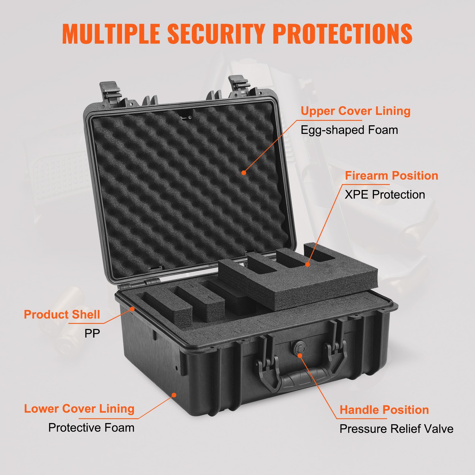 VEVOR Hard Pistol Cases with Pre-cut Lining, Waterproof & Dustproof Hard Gun Case for 5 Pistol, 18.9×16.3×8.5 in Lockable Pistol Case, Black