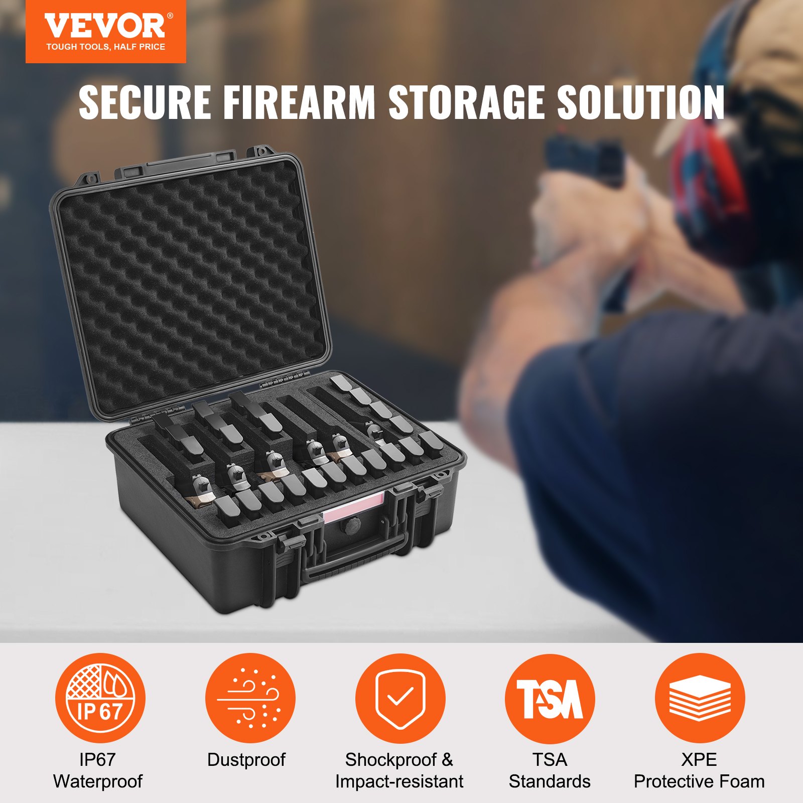 VEVOR Hard Pistol Cases with Pre-cut Lining, Waterproof & Dustproof Hard Gun Case for 6 Pistol, 19.3×17.1×8.3 in Lockable Pistol Case, Black