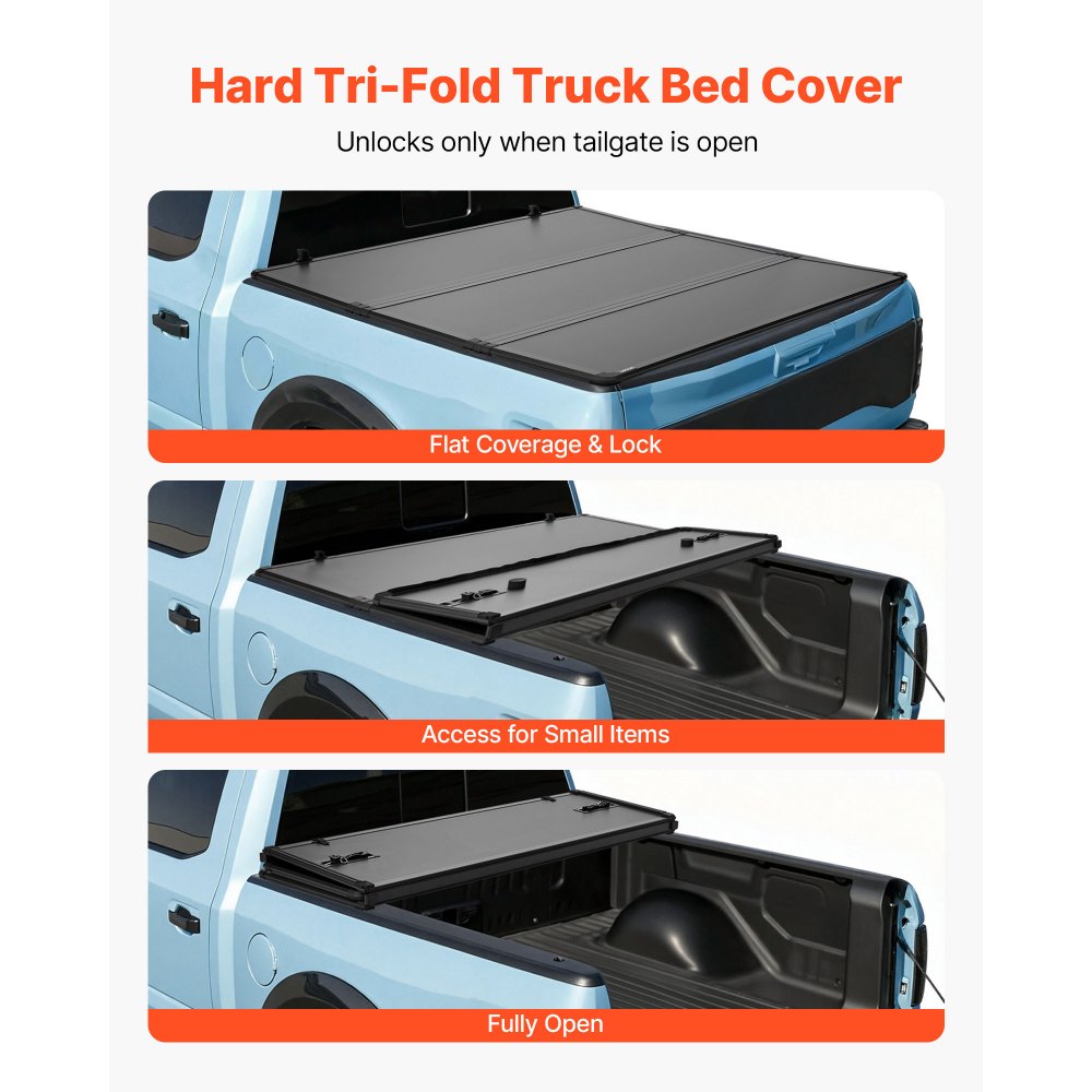 VEVOR Hard Tri-Fold Truck Bed Tonneau Cover, Compatible with 2016-2025 Toyota Tacoma with OE Track System (Not Fit Roll Bar) 5 ft (60.5 in) Bed, Waterproof Fiberglass Hard Folding Truck Tonneau Cover