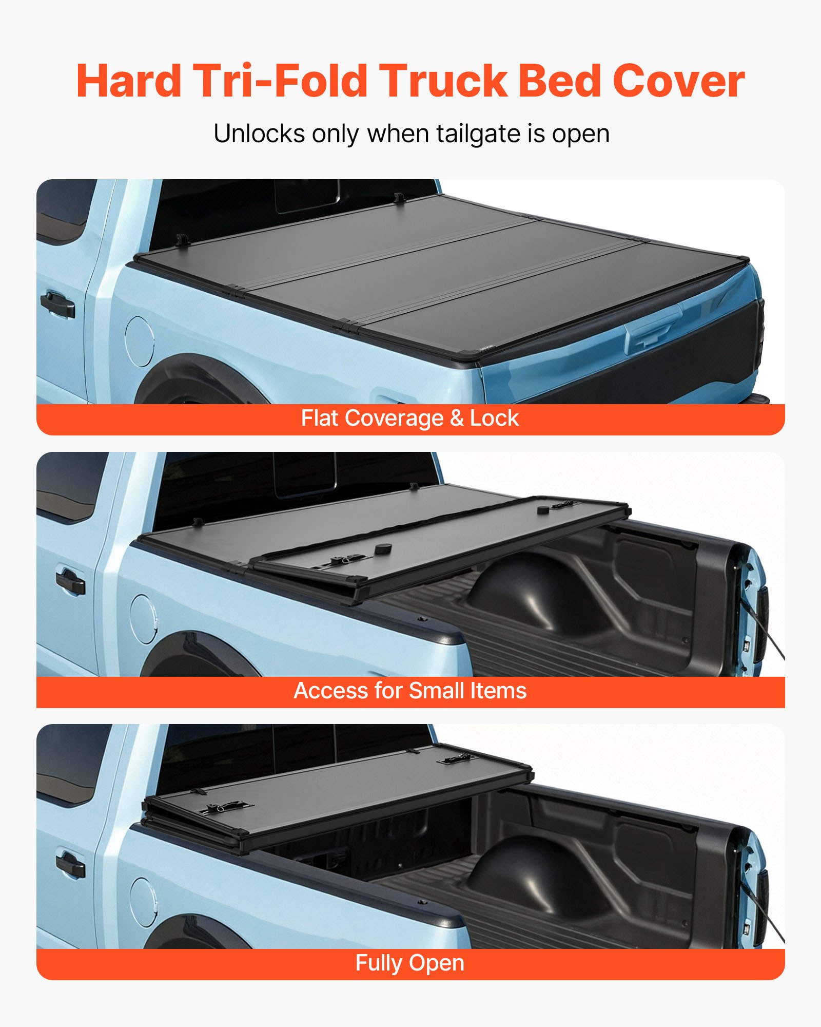 VEVOR Hard Tri-Fold Truck Bed Tonneau Cover, Compatible with 2016-2025 Toyota Tacoma with OE Track System (Not Fit Roll Bar) 5 ft (60.5 in) Bed, Waterproof Fiberglass Hard Folding Truck Tonneau Cover