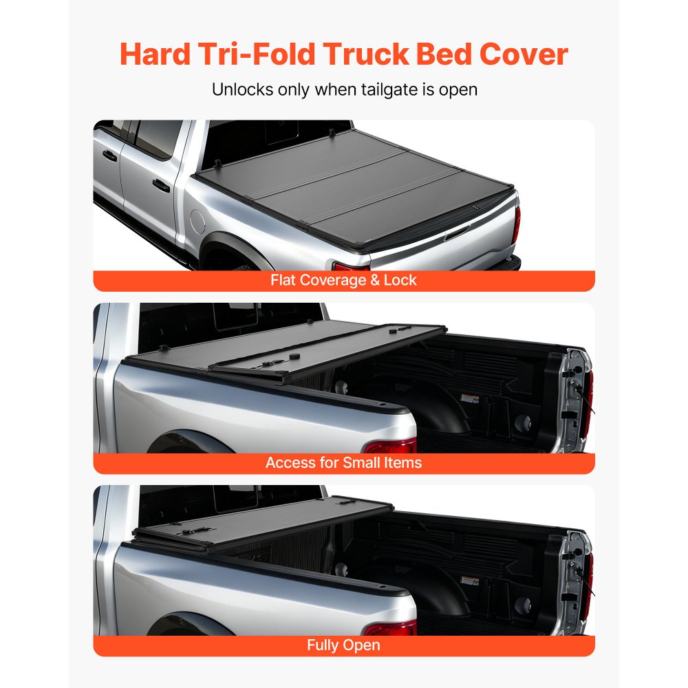 VEVOR Hard Tri-Fold Truck Bed Tonneau Cover, Compatible with 2019-2025 Dodge Ram 1500 (Incl. Classic & New) 171.2 cm Bed Without Rambox (Not Fit Split Tailgate), Waterproof Folding Truck Tonneau Cover