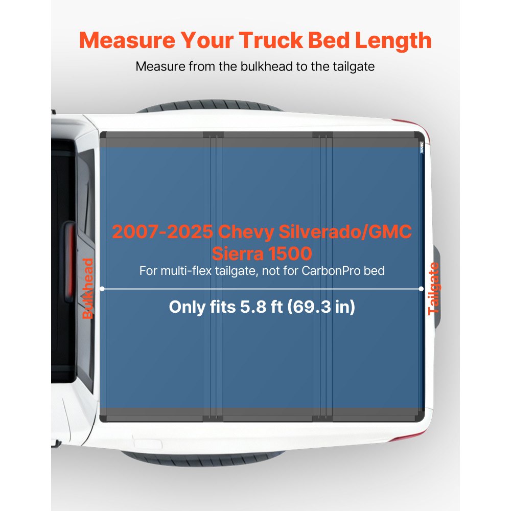 VEVOR Hard Tri-Fold Truck Bed Tonneau Cover, Compatible with 2007-2025 Chevy Silverado/GMC Sierra 1500 176 cm Short Box (No CarbonPro Bed), Heavy-Duty Waterproof Fiberglass Folding Truck Tonneau Cover