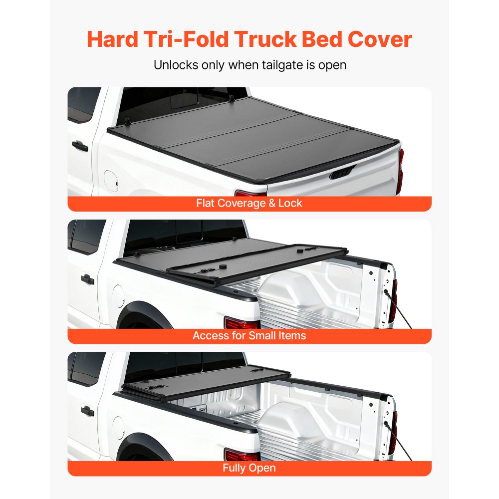 VEVOR Hard Tri-Fold Truck Bed Tonneau Cover, Compatible with 2007-2025 Chevy Silverado/GMC Sierra 1500 176 cm Short Box (No CarbonPro Bed), Heavy-Duty Waterproof Fiberglass Folding Truck Tonneau Cover