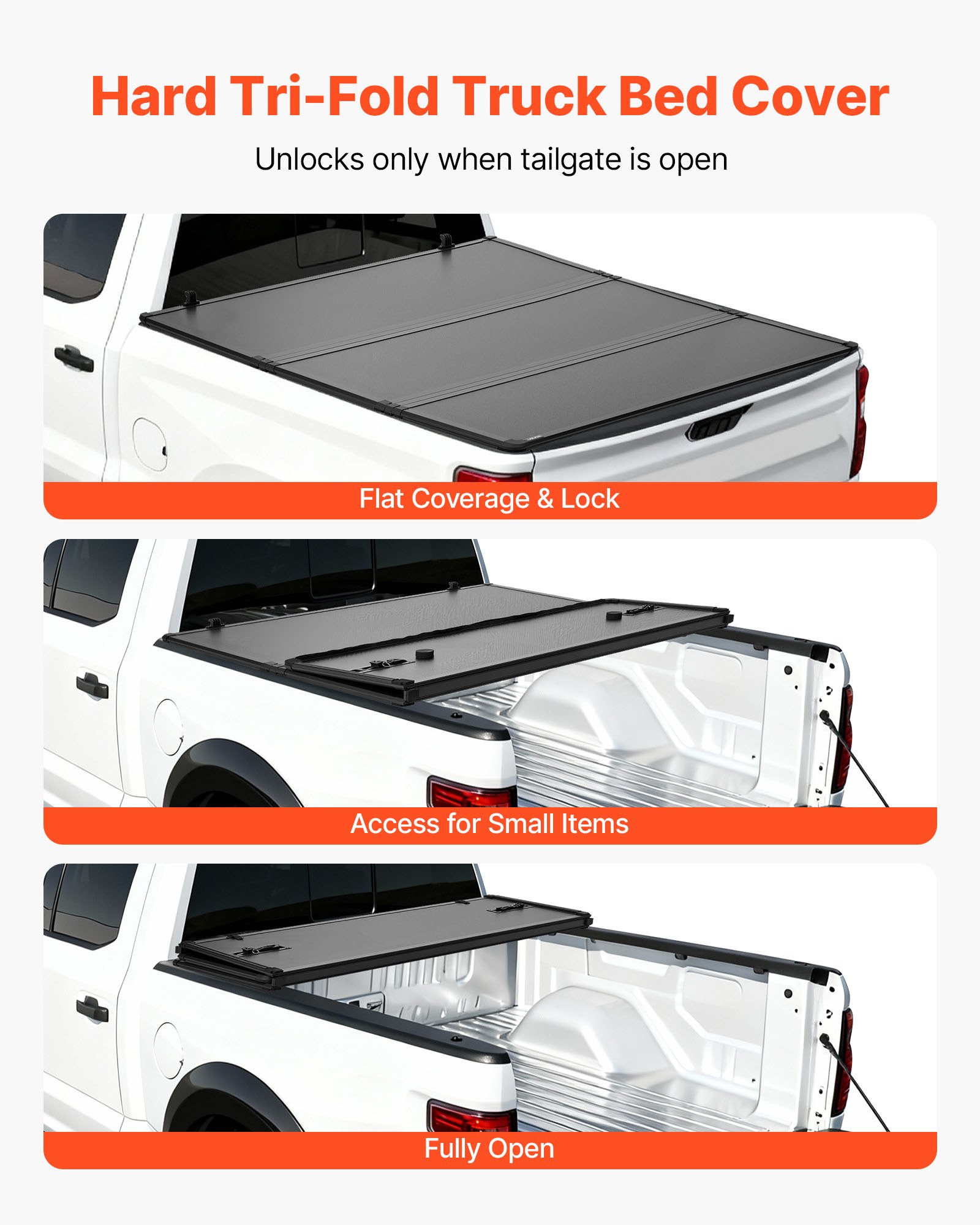 VEVOR Hard Tri-Fold Truck Bed Tonneau Cover, Compatible with 2007-2025 Chevy Silverado/GMC Sierra 1500 176 cm Short Box (No CarbonPro Bed), Heavy-Duty Waterproof Fiberglass Folding Truck Tonneau Cover