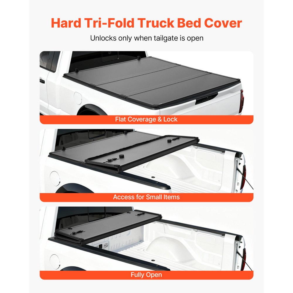 VEVOR Hard Tri-Fold Truck Bed Tonneau Cover, Compatible with 2015-2025 Ford F150 6.5 ft (78.9 in) Standard Bed, Waterproof Fiberglass Hard Folding Truck Tonneau Cover with Aluminum Alloy Support Bar