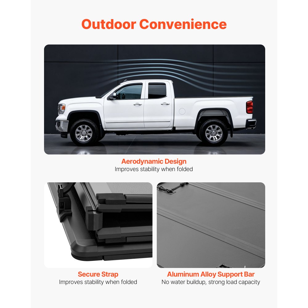 VEVOR Hard Tri-Fold Truck Bed Tonneau Cover, Compatible with 2015-2025 Ford F150 6.5 ft (78.9 in) Standard Bed, Waterproof Fiberglass Hard Folding Truck Tonneau Cover with Aluminum Alloy Support Bar