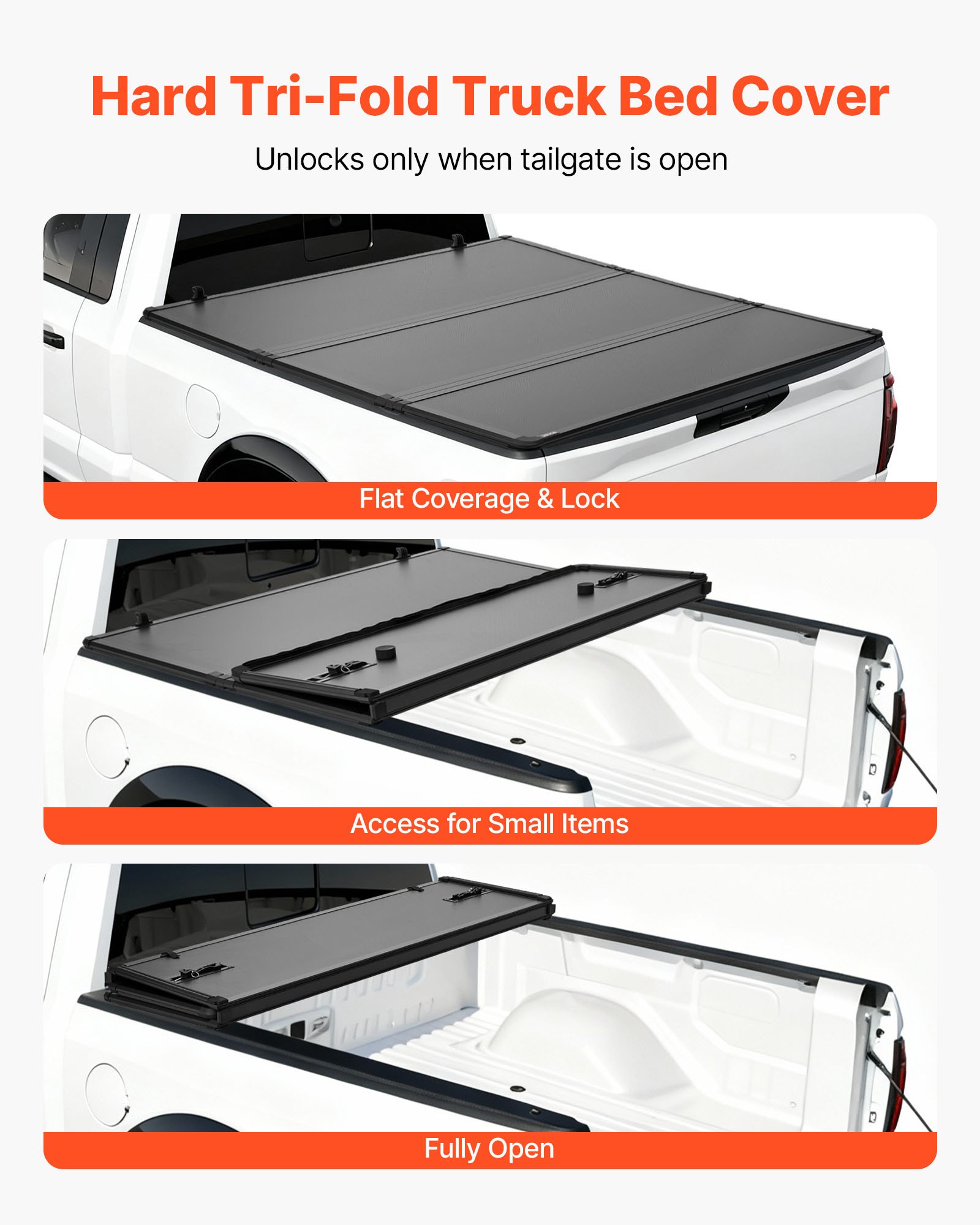 VEVOR Hard Tri-Fold Truck Bed Tonneau Cover, Compatible with 2015-2025 Ford F150 6.5 ft (78.9 in) Standard Bed, Waterproof Fiberglass Hard Folding Truck Tonneau Cover with Aluminum Alloy Support Bar