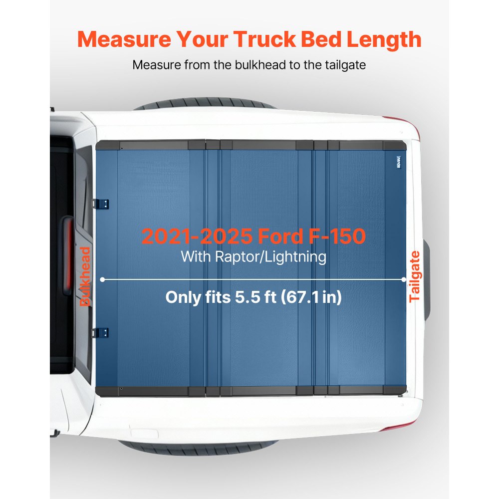 VEVOR Hard Tri-Fold Truck Bed Tonneau Cover, Compatible with 2021-2025 Ford F-150 (Incl. Raptor/Lightning) 5.5 ft (67.1 in) Bed, Waterproof Low-Profile Folding Cover with Aluminum Alloy Support Bar