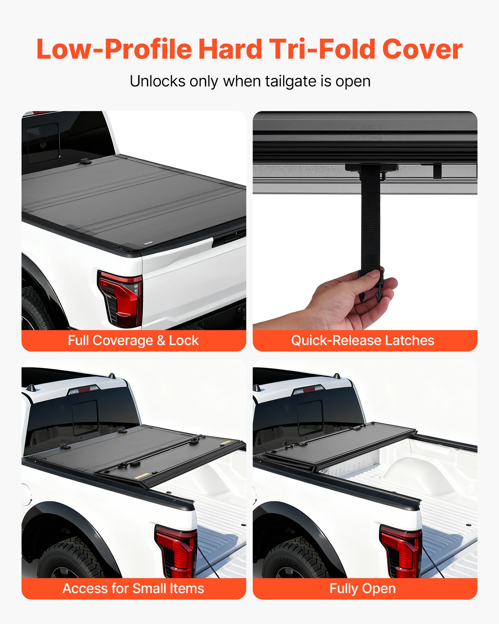 VEVOR Hard Tri-Fold Truck Bed Tonneau Cover, Compatible with 2021-2025 Ford F-150 (Incl. Raptor/Lightning) 170.4 cm Bed, Waterproof Low-Profile Folding Tonneau Cover with Aluminum Alloy Support Bar