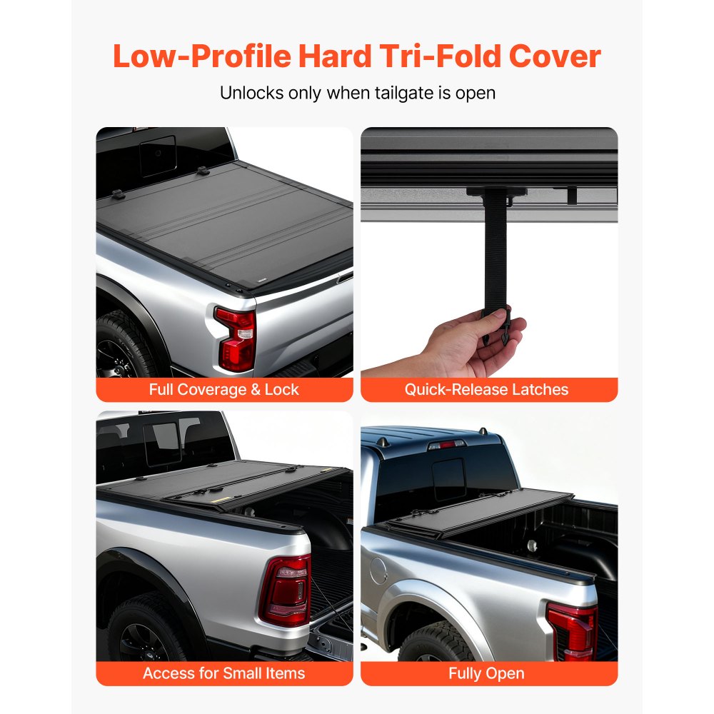 VEVOR Hard Tri-Fold Truck Bed Tonneau Cover, Compatible with 2019-2025 Dodge Ram 1500 5.6 ft (67.4 in) Bed, Waterproof Low-Profile Hard Folding Truck Tonneau Cover with Aluminum Alloy Support Bar