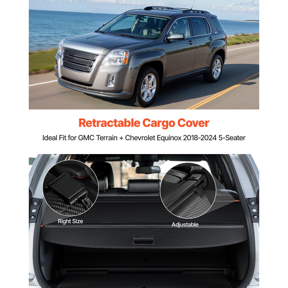VEVOR Retractable Cargo Cover, Carbon Fiber Texture Trunk Cover, Anti-Peeping Luggage Privacy Shield, Seamless Fixation Shade, Extended Version for GMC Terrain & Chevrolet Equinox 2018-2024 5-Seater