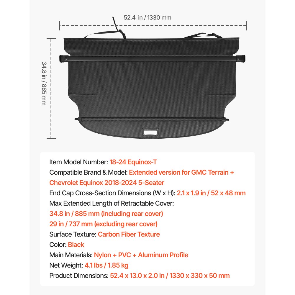 VEVOR Retractable Cargo Cover, Carbon Fiber Texture Trunk Cover, Anti-Peeping Luggage Privacy Shield, Seamless Fixation Shade, Extended Version for GMC Terrain & Chevrolet Equinox 2018-2024 5-Seater