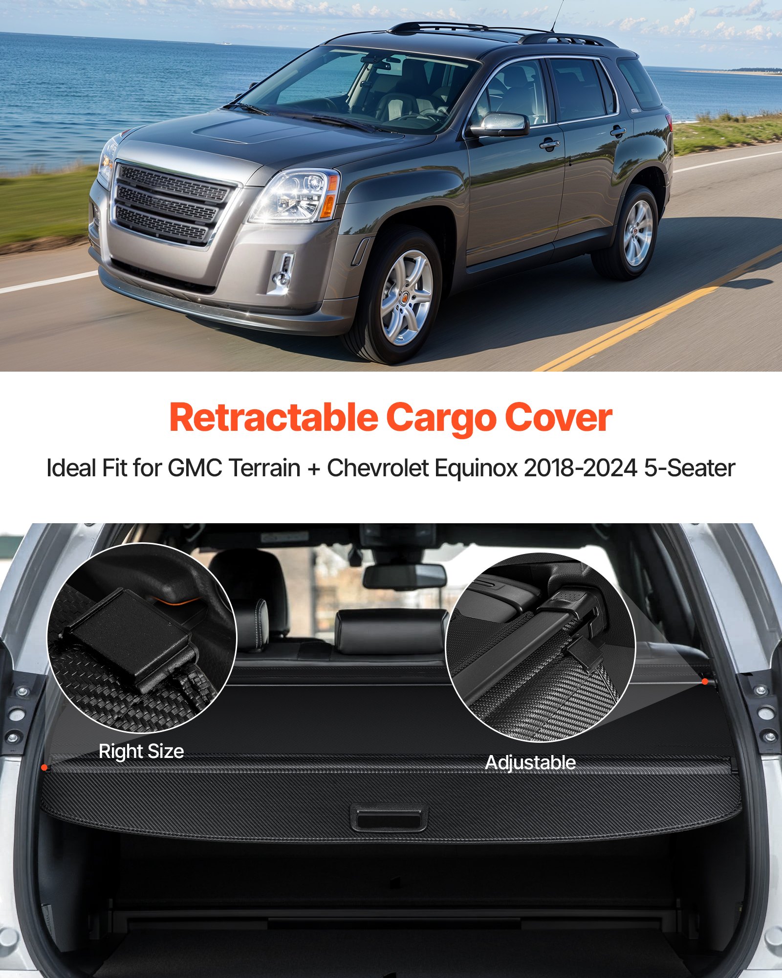 VEVOR Retractable Cargo Cover, Carbon Fiber Texture Trunk Cover, Anti-Peeping Luggage Privacy Shield, Seamless Fixation Shade, Extended Version for GMC Terrain & Chevrolet Equinox 2018-2024 5-Seater