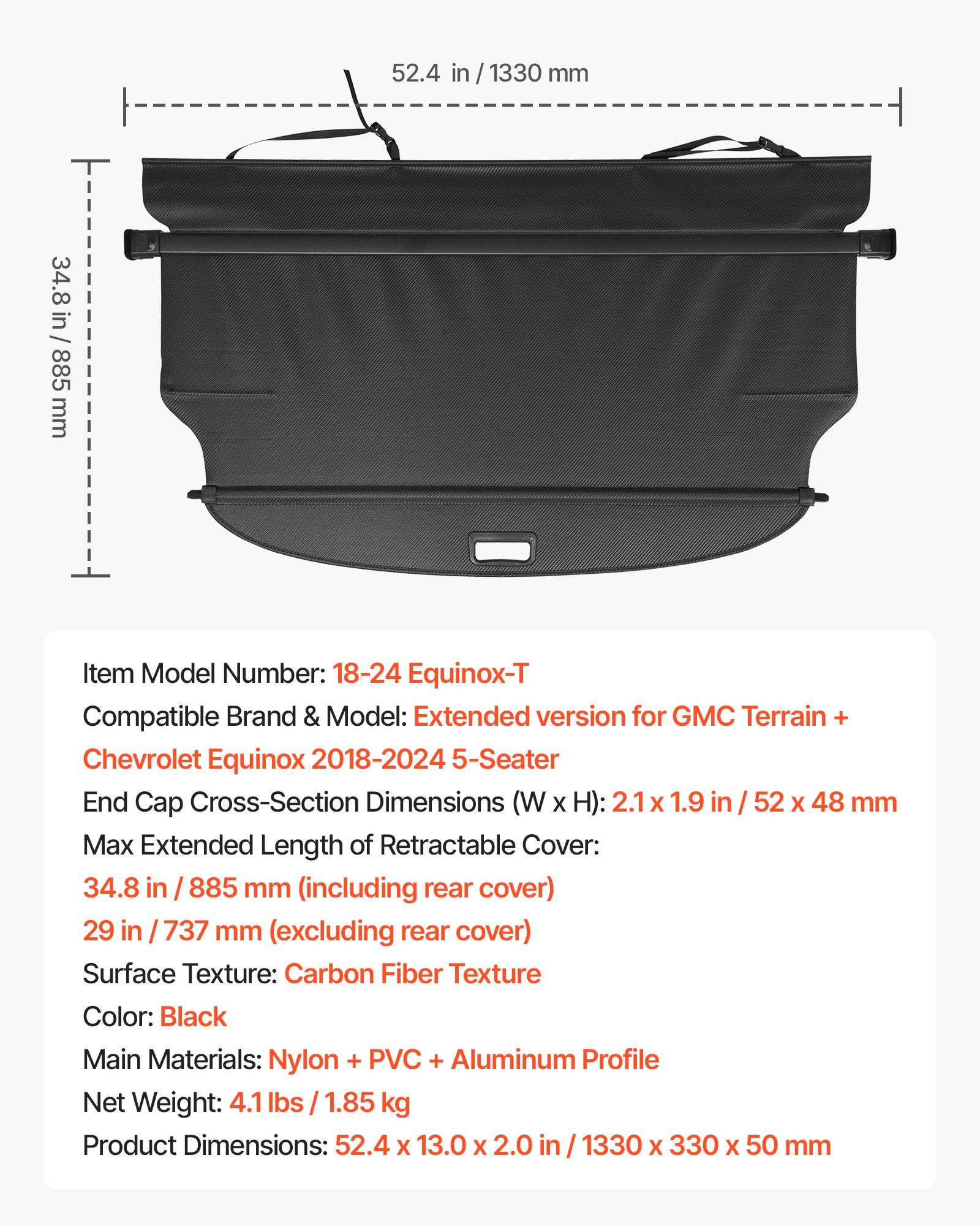 VEVOR Retractable Cargo Cover, Carbon Fiber Texture Trunk Cover, Anti-Peeping Luggage Privacy Shield, Seamless Fixation Shade, Extended Version for GMC Terrain & Chevrolet Equinox 2018-2024 5-Seater