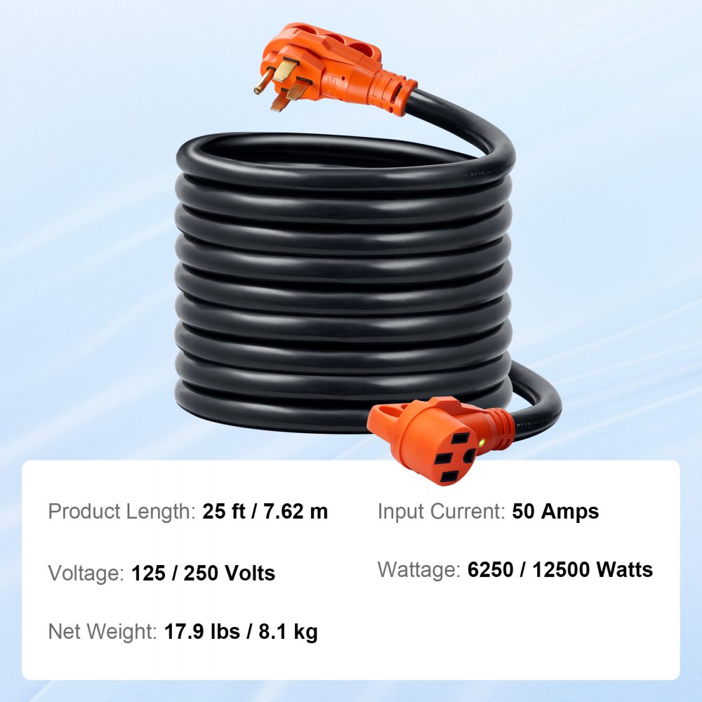VEVOR 25 ft RV Extension Cord, 50 Amp, Heavy Duty STW RV Power Cord, NEMA 14-50R Female NEMA 14-50P Male Plug, with LED Indicator Handle 15A Adapter, for RVs, trams, generators, campers, ETL Listed