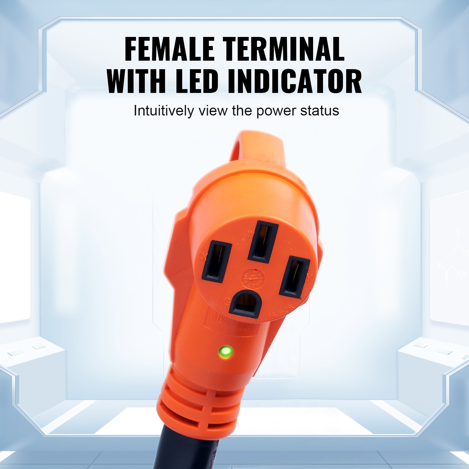 VEVOR 25 ft RV Extension Cord, 50 Amp, Heavy Duty STW RV Power Cord, NEMA 14-50R Female NEMA 14-50P Male Plug, with LED Indicator Handle 15A Adapter, for RVs, trams, generators, campers, ETL Listed