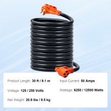 VEVOR 30ft RV Cable de extensión Cable de alimentación 50Amp NEMA 14-50R/NEMA 14-50P ETL listado