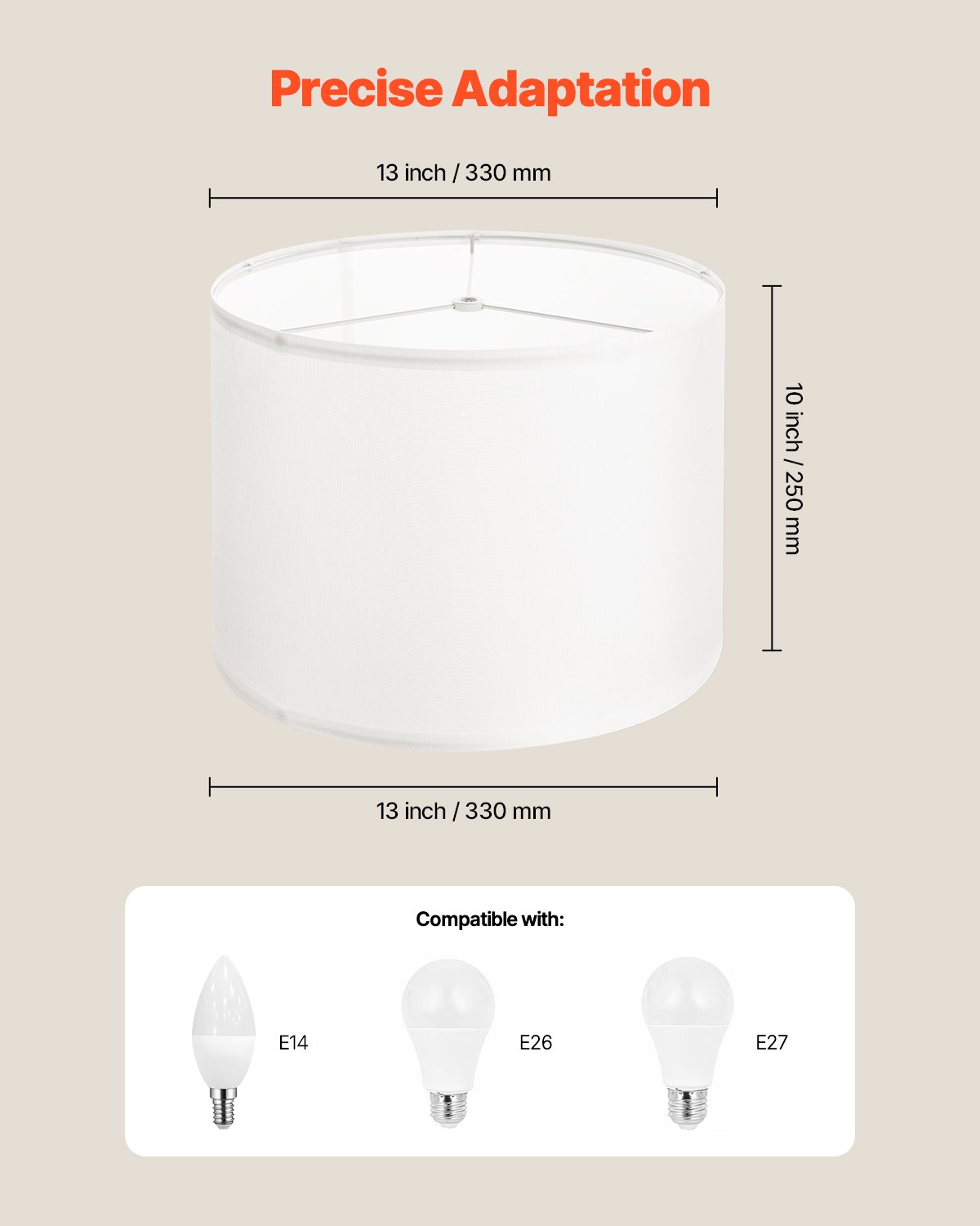 VEVOR Drum Lamp Shade 2 Set, 33 cm Top x 33 cm Bottom x 25 cm High, Medium Drum Linen Lampshade, Replacement Lamp Shade for Table Lamps Floor Lamps Pendant Lights, Easy Assembly Required (Off-white)