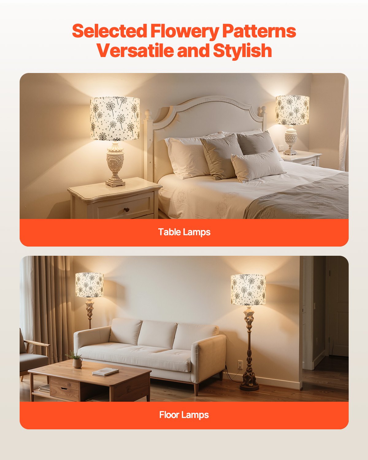 VEVOR Drum Lamp Shade 2 Set, 33 cm Top x 33 cm Bottom x 25 cm High, Medium Drum Linen Lampshade, Replacement Lamp Shade for Table Lamps Floor Lamps, Easy Assembly Required (Light Dandelion Pattern)