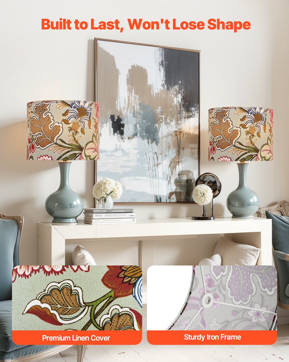 VEVOR Drum Lamp Shade 2 Set, 33 cm Top x 33 cm Bottom x 25 cm High, Medium Drum Linen Lampshade, Replacement Lamp Shade for Table Lamps Floor Lamps Pendant Lights, Easy Assembly Required (Dark Floral)