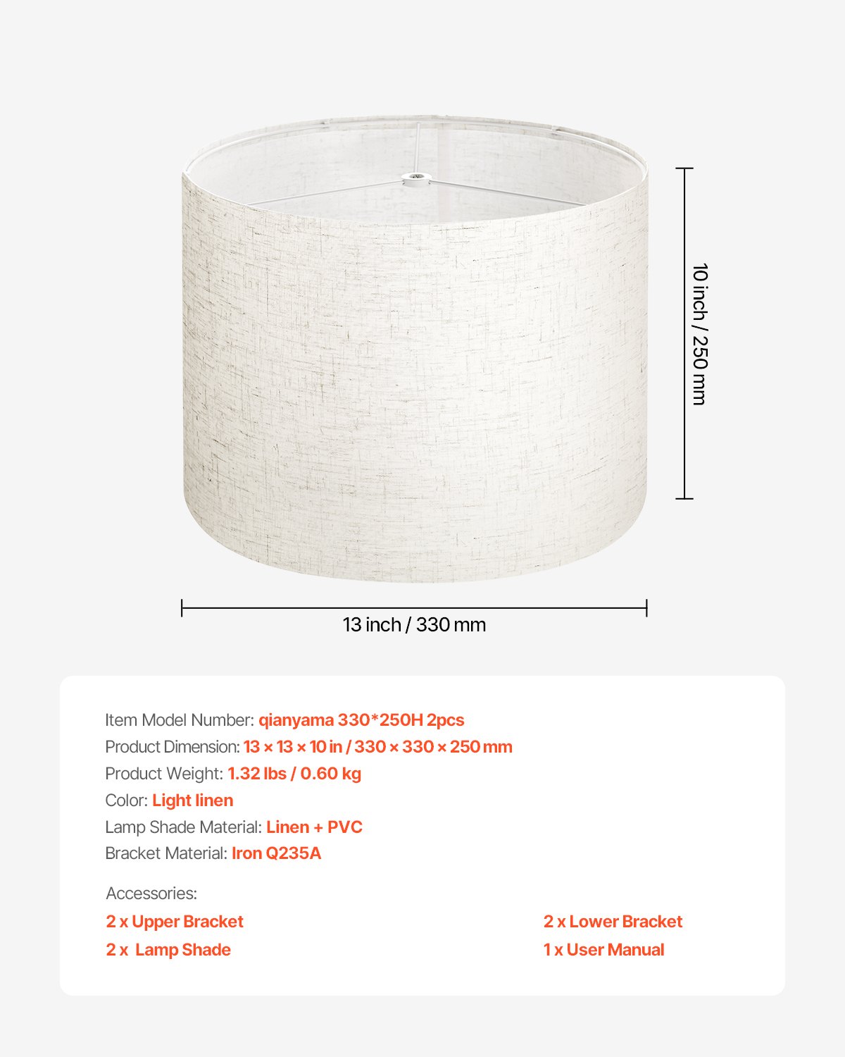 VEVOR Drum Lamp Shade 2 Set, 13 in Top x 13 in Bottom x 10 in High, Medium Drum Linen Lampshade, Replacement Lamp Shade for Table Lamps Floor Lamps Pendant Lights, Easy Assembly Required (Light Linen)