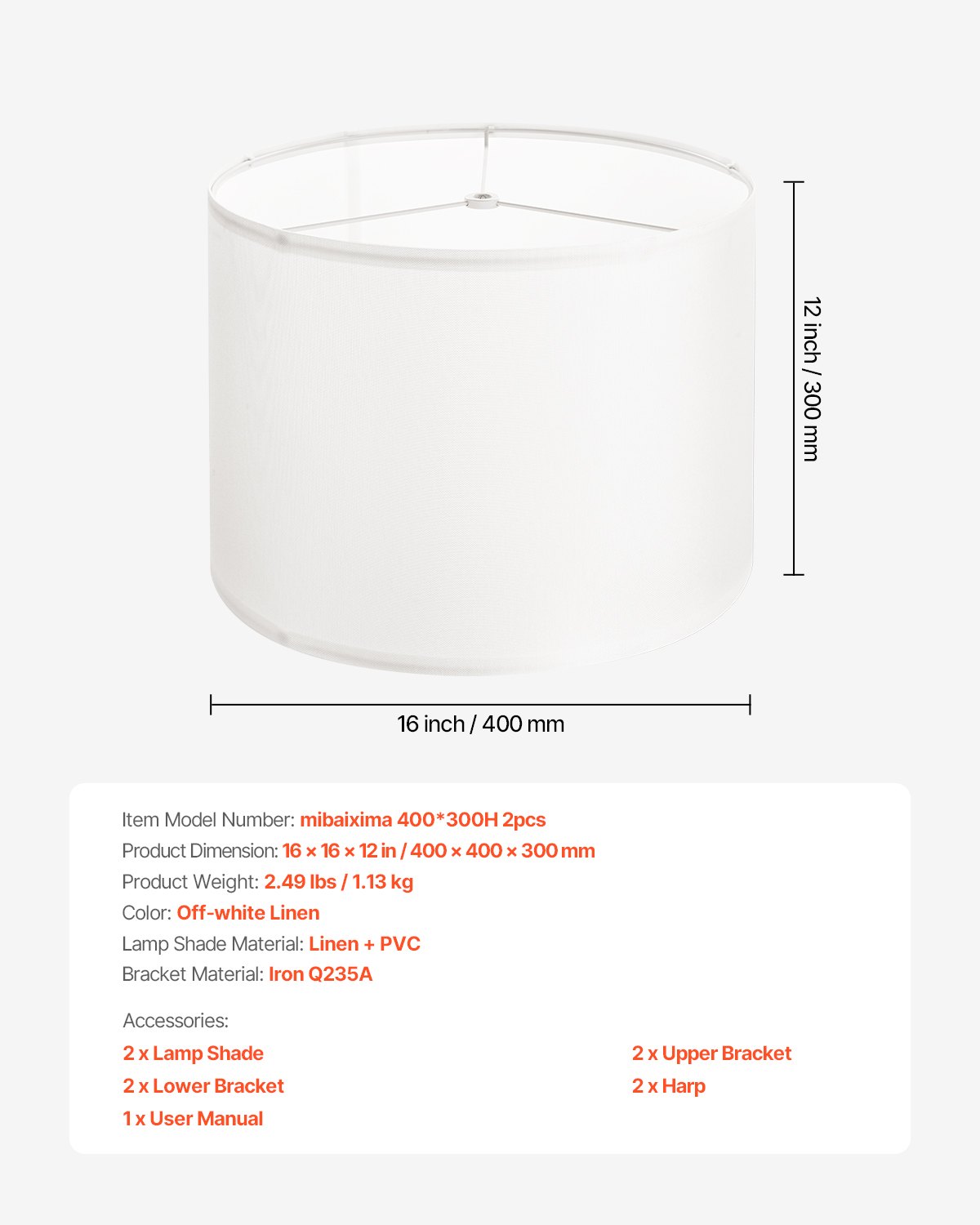 VEVOR Drum Lamp Shade 2 Set, 16 in Top x 16 in Bottom x 12 in High, Large Lampshade with Harp, Replacement Lamp Shade for Table Lamps Floor Lamps Pendant Lights, Easy Assembly Required (Off-white)