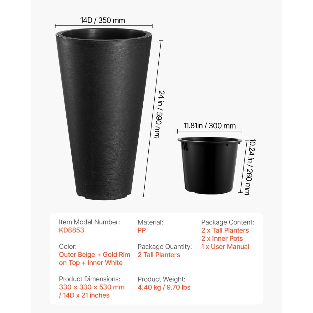 VEVOR Tall Planter, Set of 2 Tall Round Tapered Planters, 59 cm Large Modern Gardening and Flower Plastic Pots, Decorative Tall Black Planter with Drainage Hole, for Porch, Patio, Indoor & Outdoor