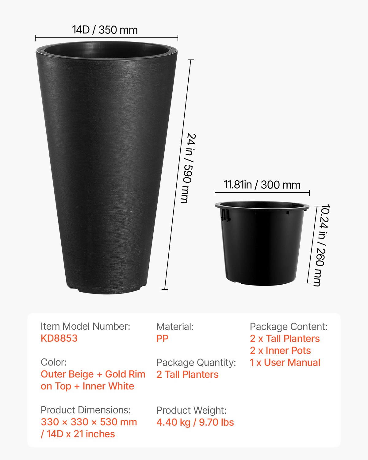 VEVOR Tall Planter, Set of 2 Tall Round Tapered Planters, 59 cm Large Modern Gardening and Flower Plastic Pots, Decorative Tall Black Planter with Drainage Hole, for Porch, Patio, Indoor & Outdoor